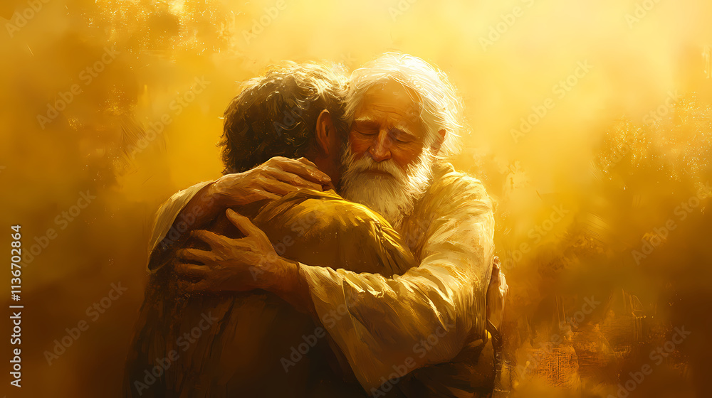 The prodigal son is embraced by his father bathed in the golden light of reconciliation. Embrace. Illustration